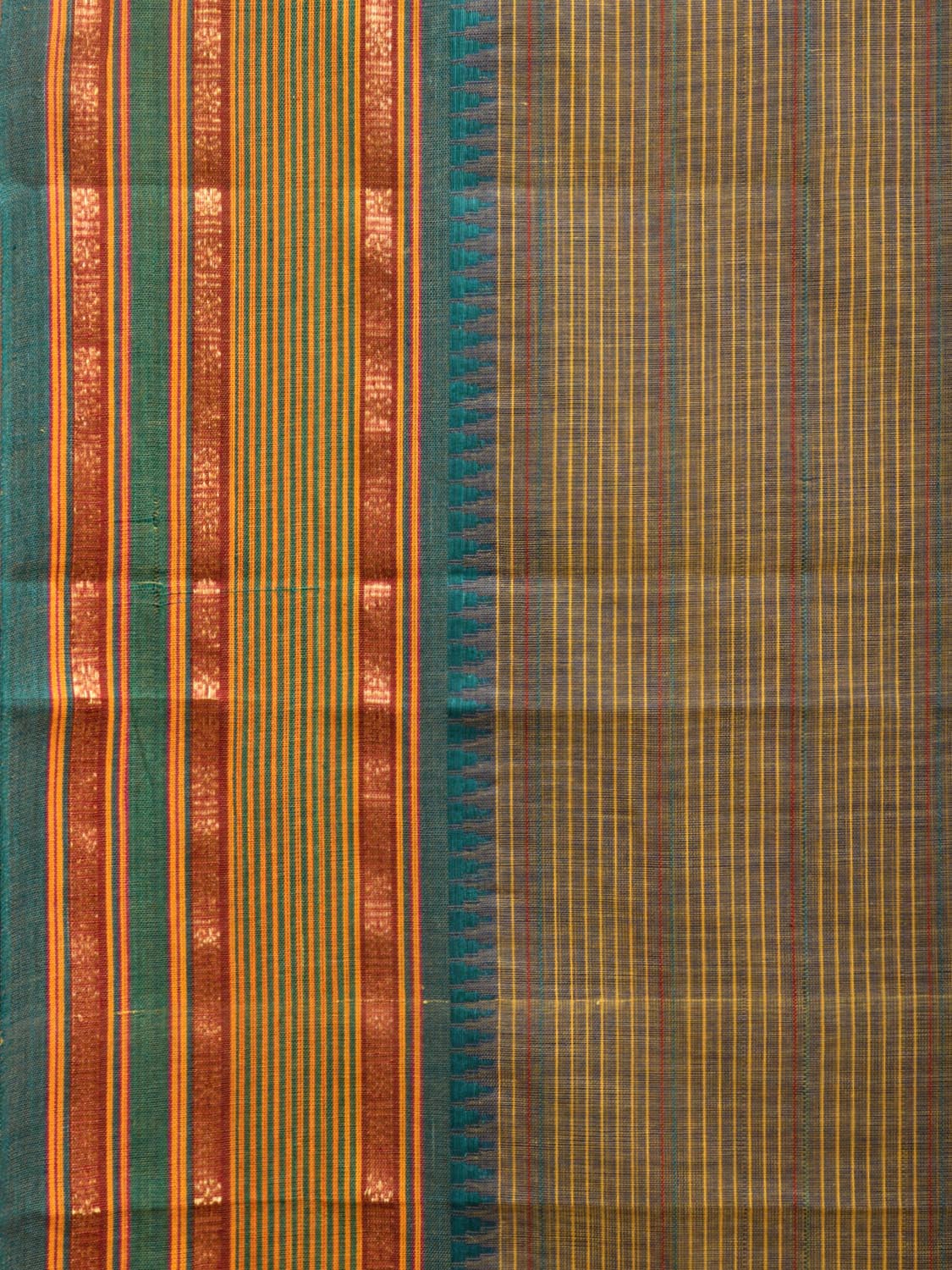 Olive and Teal Narayanpet Cotton Handloom Saree with Strips Design No Blouse np0984
