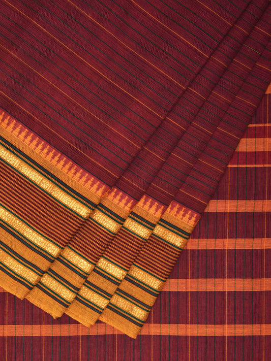 Dark Red and Yellow Narayanpet Cotton Handloom Saree with Strips Design No Blouse np0985