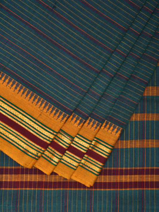 Teal and Yellow Narayanpet Cotton Handloom Saree with Strips Design No Blouse np0986