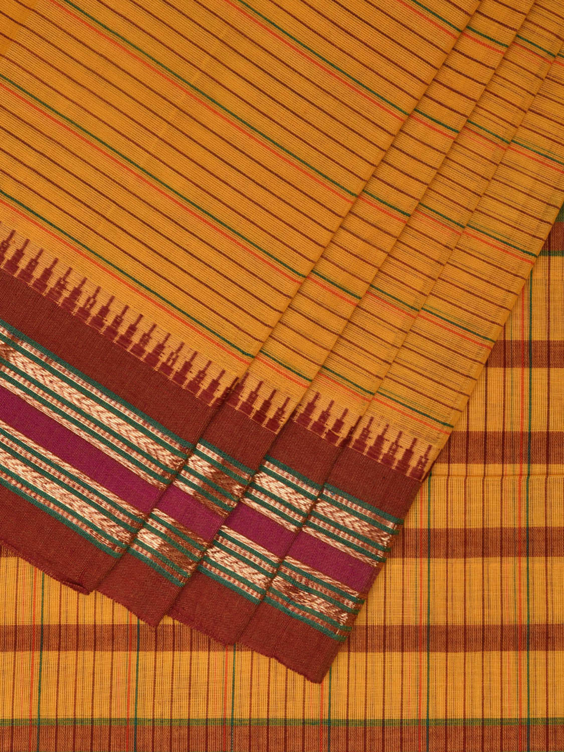 Yellow and Red Narayanpet Cotton Handloom Saree with Strips Design No Blouse np0987