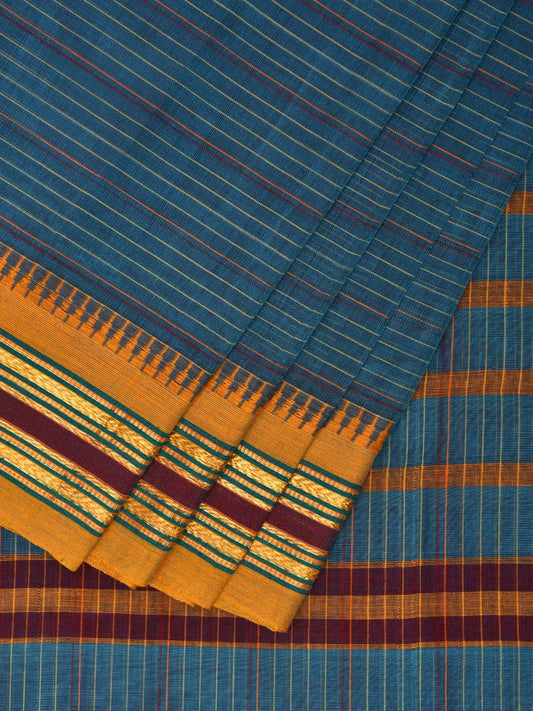Blue and Yellow Narayanpet Cotton Handloom Saree with Strips Design No Blouse np0989