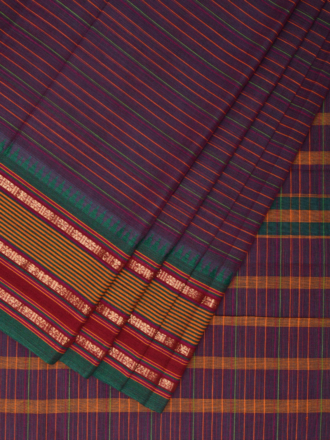 Purple and Teal Narayanpet Cotton Handloom Saree with Strips Design No Blouse np0990