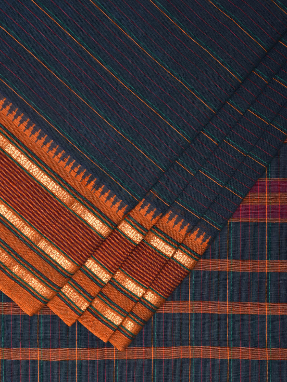 Dark Blue and Orange Narayanpet Cotton Handloom Saree with Strips Design No Blouse np0991