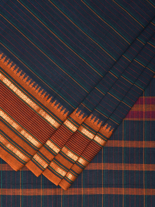 Dark Blue and Orange Narayanpet Cotton Handloom Saree with Strips Design No Blouse np0991