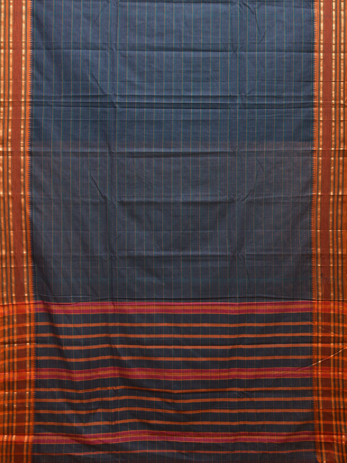 Dark Blue and Orange Narayanpet Cotton Handloom Saree with Strips Design No Blouse np0991