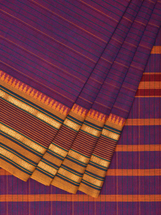 Purple and Yellow Narayanpet Cotton Handloom Saree with Strips Design No Blouse np0992