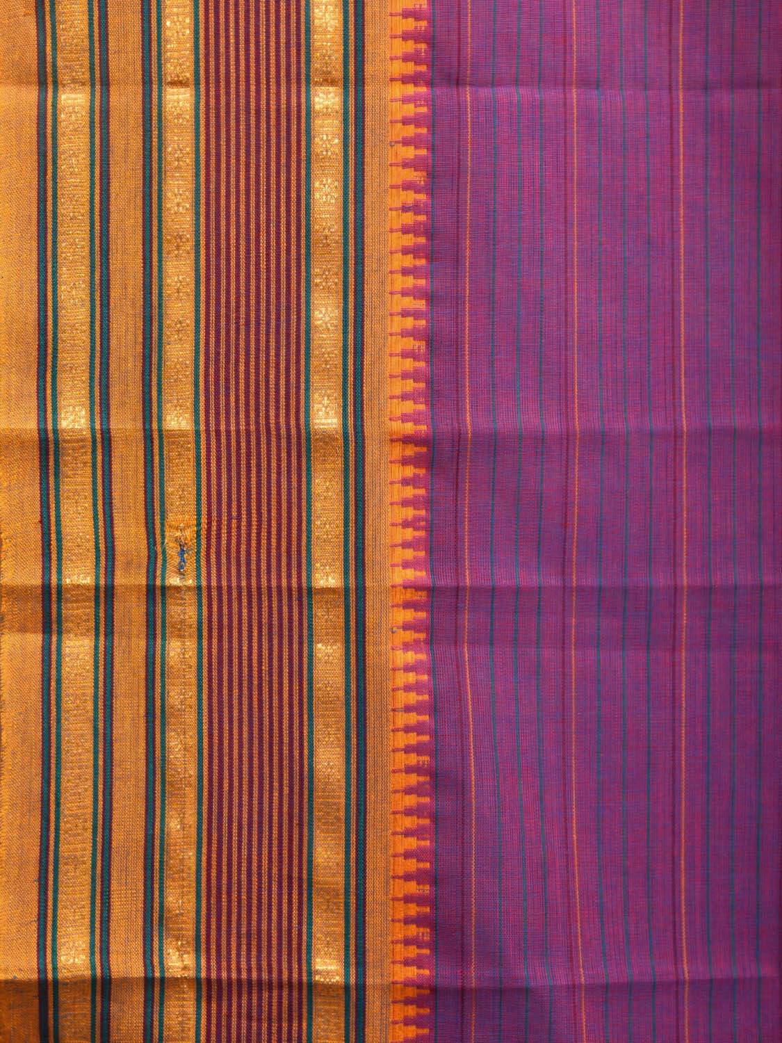 Purple and Yellow Narayanpet Cotton Handloom Saree with Strips Design No Blouse np0992