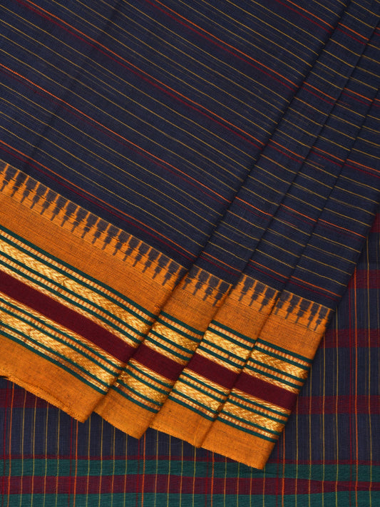 Dark Blue and Yellow Narayanpet Cotton Handloom Saree with Strips Design No Blouse np0993