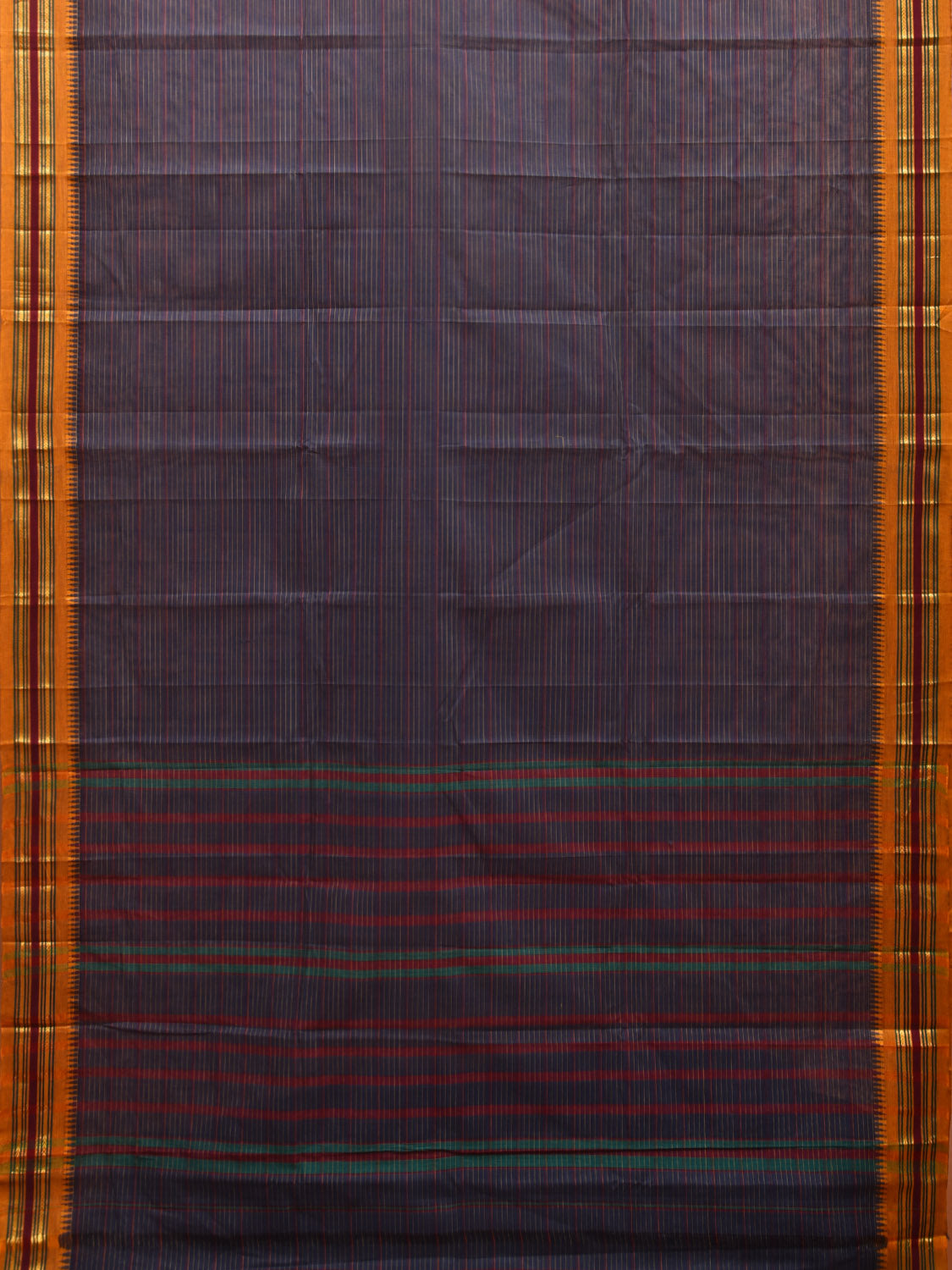 Dark Blue and Yellow Narayanpet Cotton Handloom Saree with Strips Design No Blouse np0993