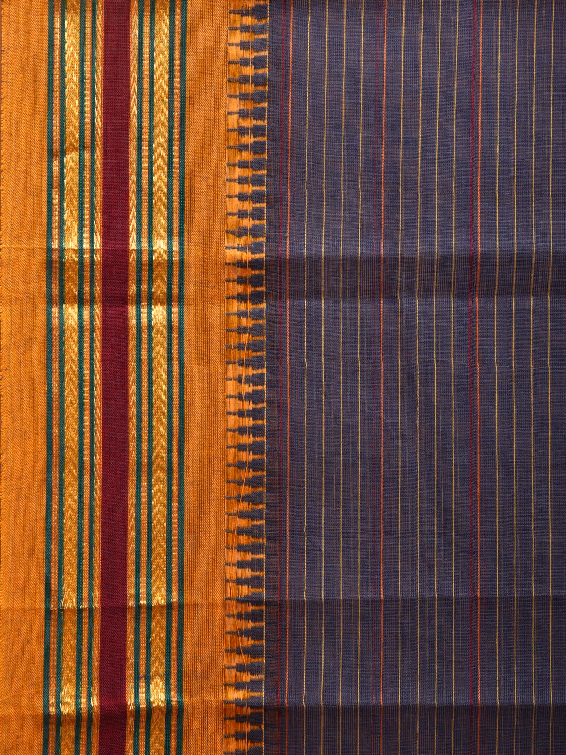 Dark Blue and Yellow Narayanpet Cotton Handloom Saree with Strips Design No Blouse np0993