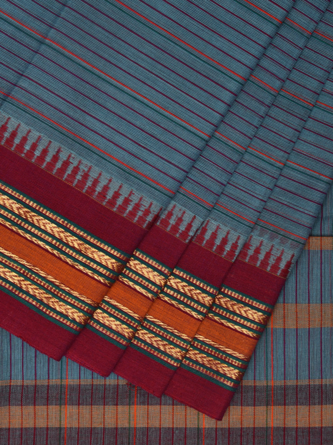 Blue and Maroon Narayanpet Cotton Handloom Saree with Strips Design No Blouse np0994