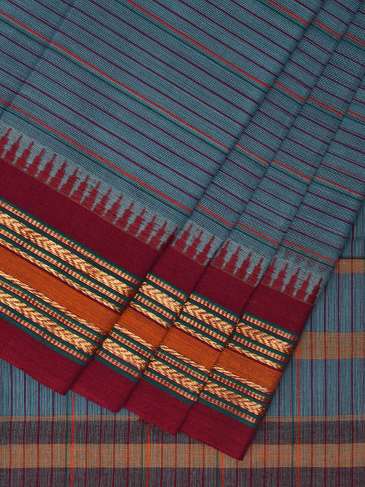 Blue and Maroon Narayanpet Cotton Handloom Saree with Strips Design No Blouse np0994