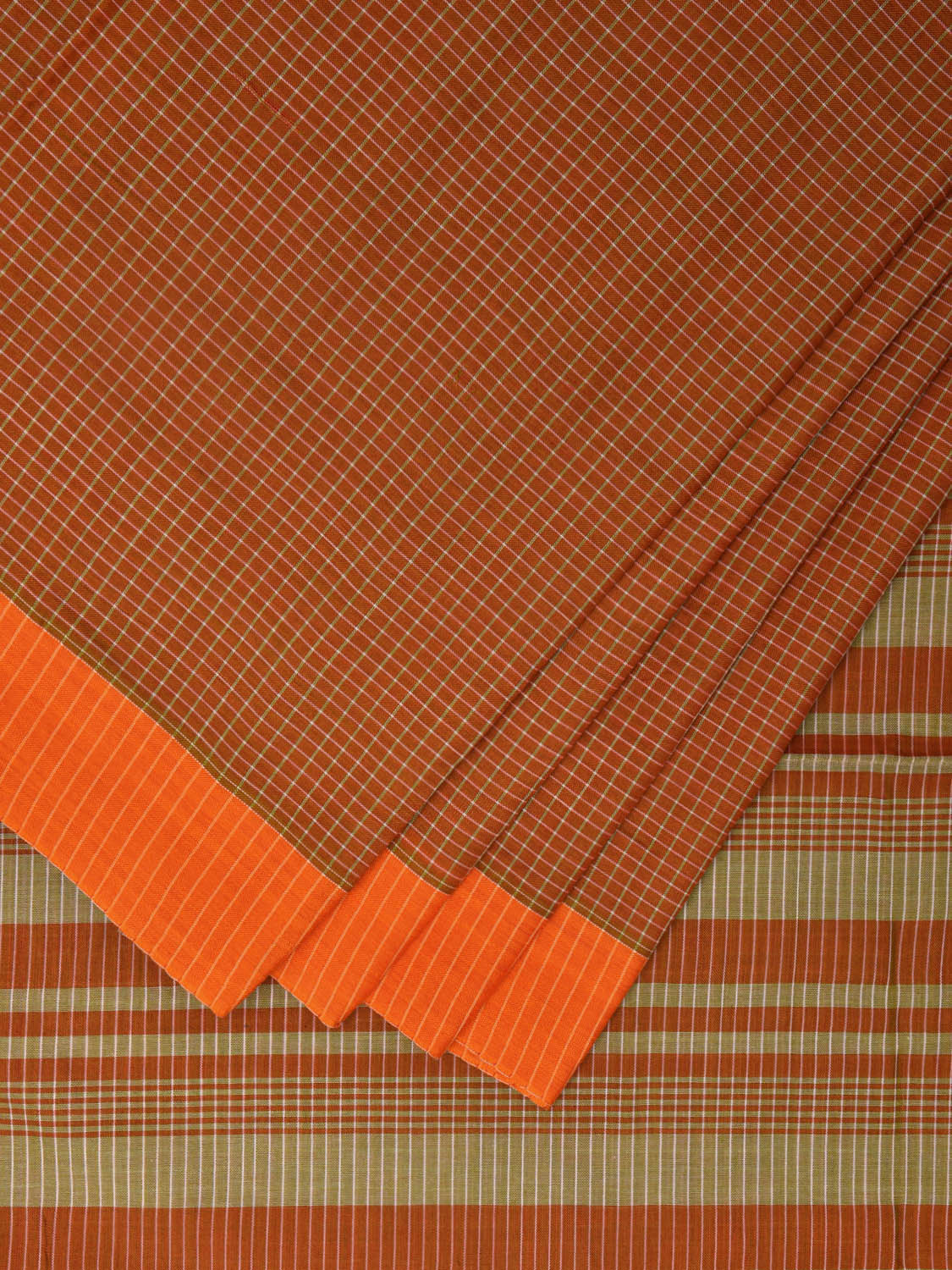 Orange Narayanpet Cotton Silk Handloom Saree with Checks and Strips Pallu Design No Blouse np0996