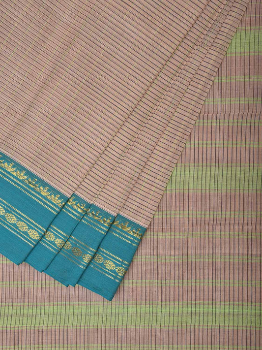 Cream and Turquoise Narayanpet Cotton Handloom Saree with Strips Design No Blouse np1003