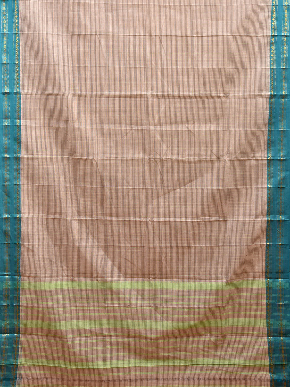 Cream and Turquoise Narayanpet Cotton Handloom Saree with Strips Design No Blouse np1003