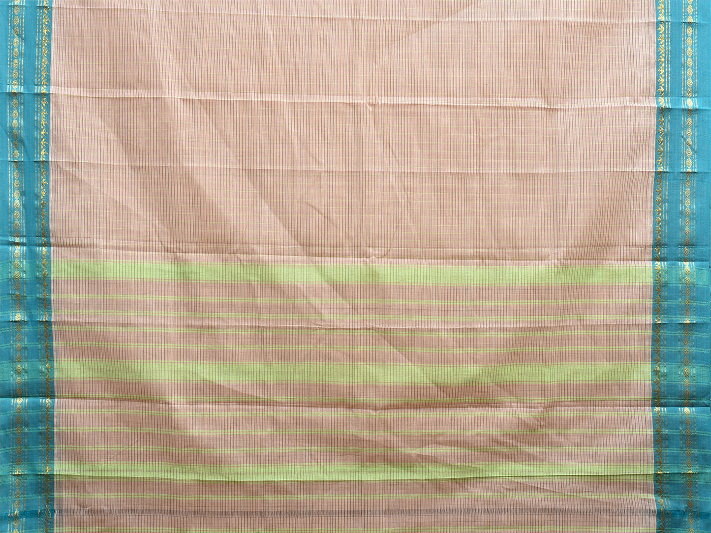 Cream and Turquoise Narayanpet Cotton Handloom Saree with Strips Design No Blouse np1003