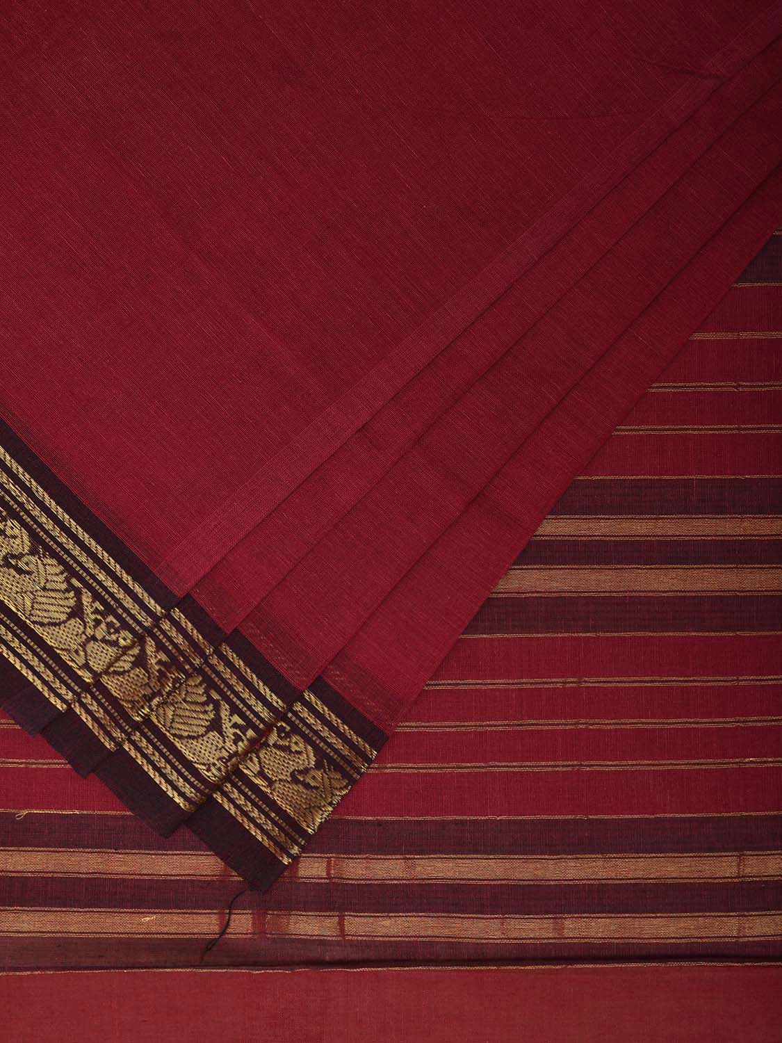 Dark Red Narayanpet Cotton Plain Saree with Hamsa Border and Strips Pallu Design np1087