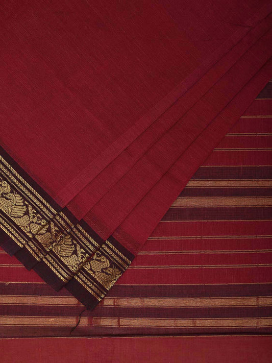Dark Red Narayanpet Cotton Plain Saree with Hamsa Border and Strips Pallu Design np1087