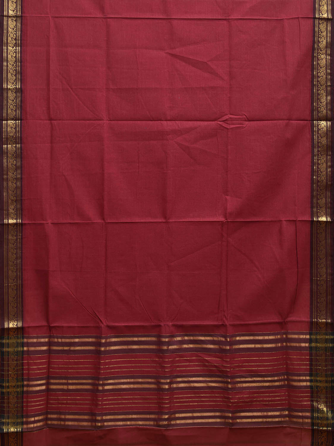 Dark Red Narayanpet Cotton Plain Saree with Hamsa Border and Strips Pallu Design np1087