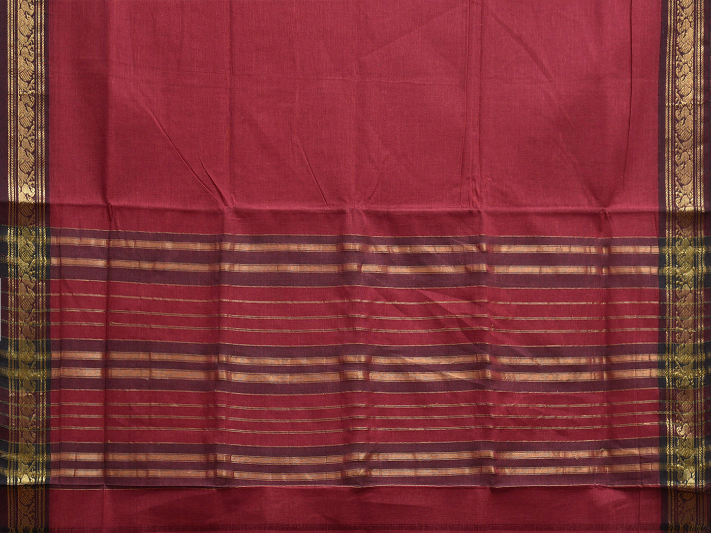 Dark Red Narayanpet Cotton Plain Saree with Hamsa Border and Strips Pallu Design np1087
