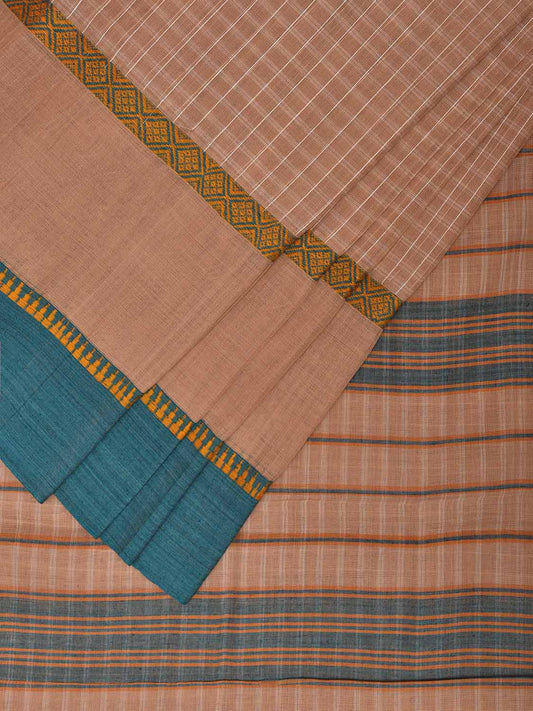 Light Fawn and Teal Narayanpet Cotton Handloom Saree with Big Border and Checks Design No Blouse np1088