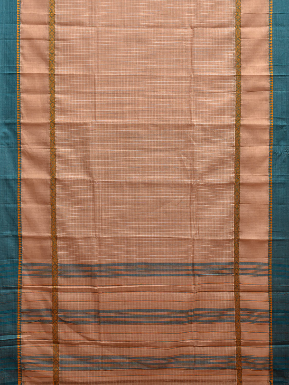 Light Fawn and Teal Narayanpet Cotton Handloom Saree with Big Border and Checks Design No Blouse np1088