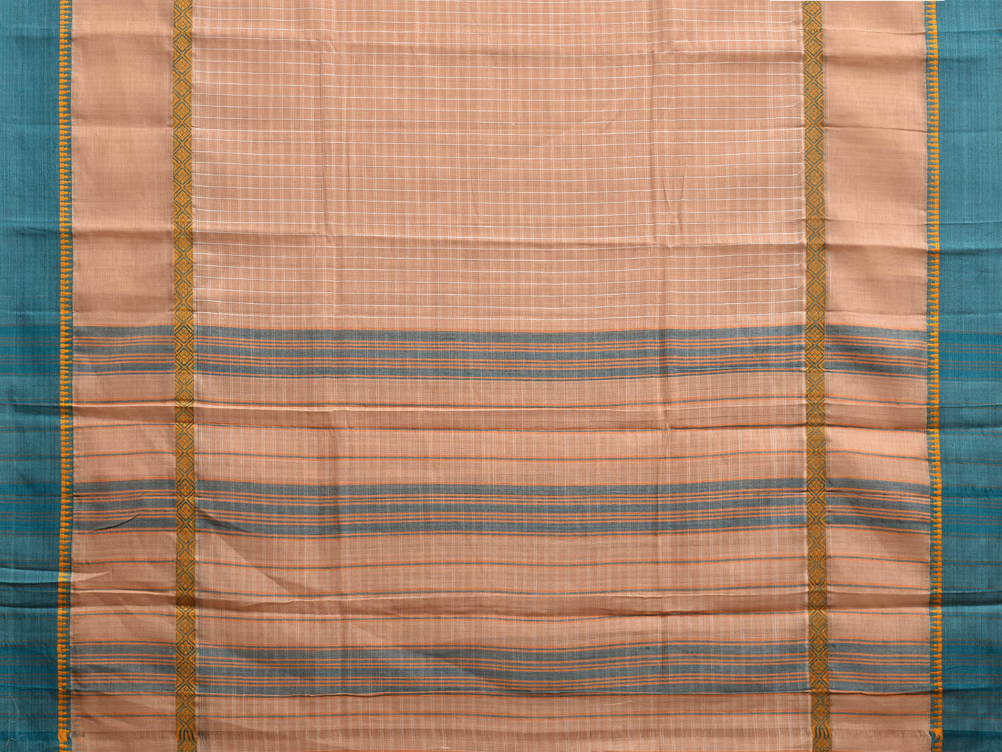 Light Fawn and Teal Narayanpet Cotton Handloom Saree with Big Border and Checks Design No Blouse np1088