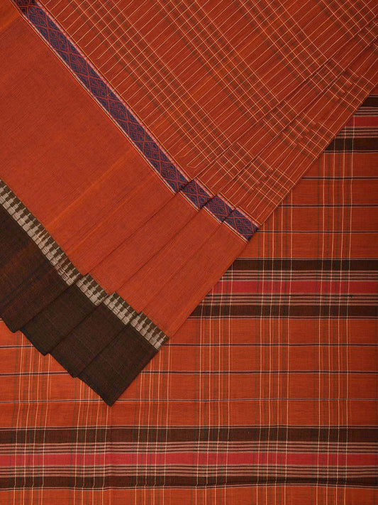 Rust Narayanpet Cotton Handloom Saree with Big Border and Strips Design No Blouse np1090