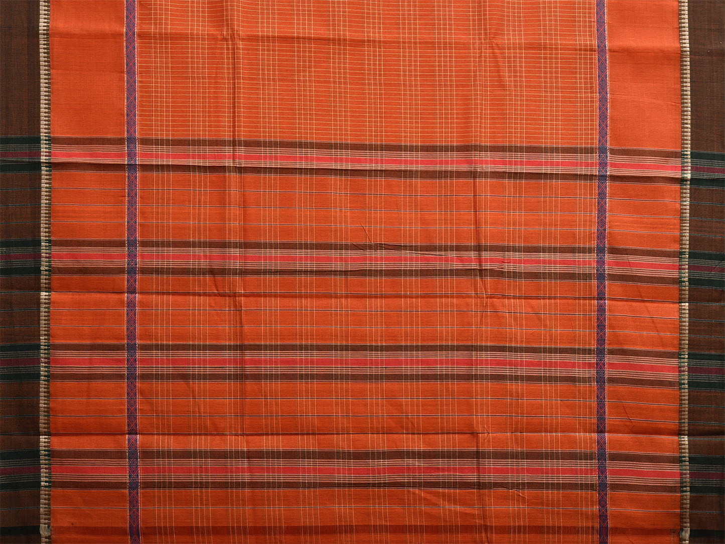 Rust Narayanpet Cotton Handloom Saree with Big Border and Strips Design No Blouse np1090