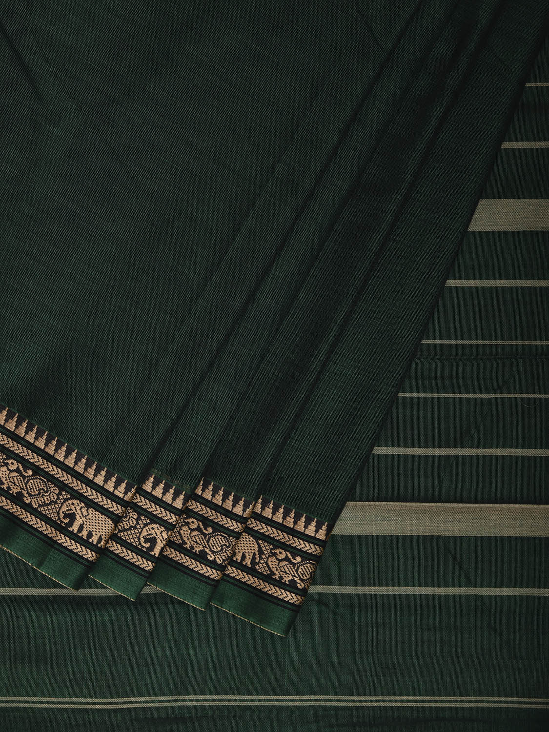 Dark Green Narayanpet Cotton Plain Saree with Strips Pallu and Small Elephant Border Design No Blouse np1152