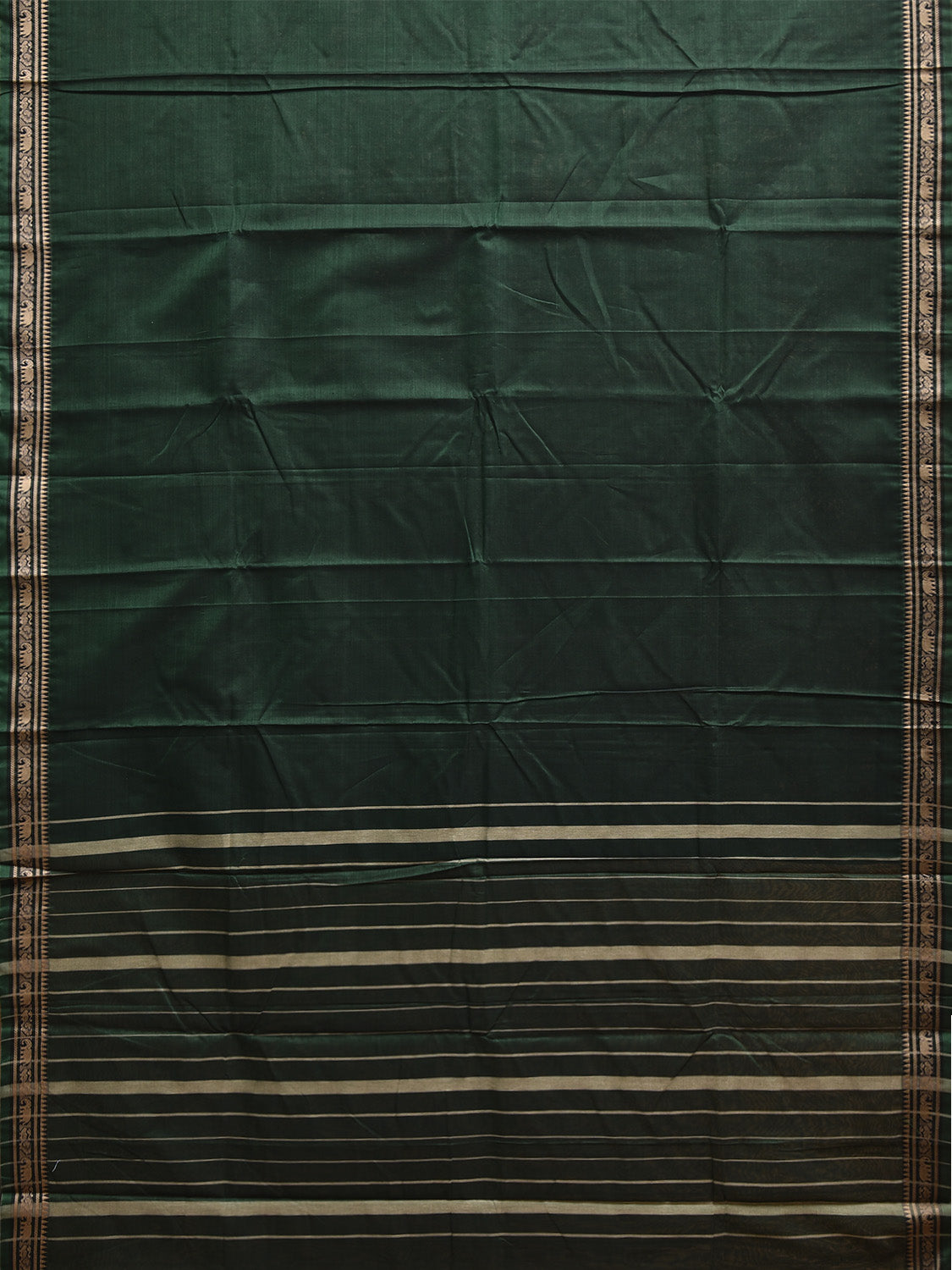 Dark Green Narayanpet Cotton Plain Saree with Strips Pallu and Small Elephant Border Design No Blouse np1152