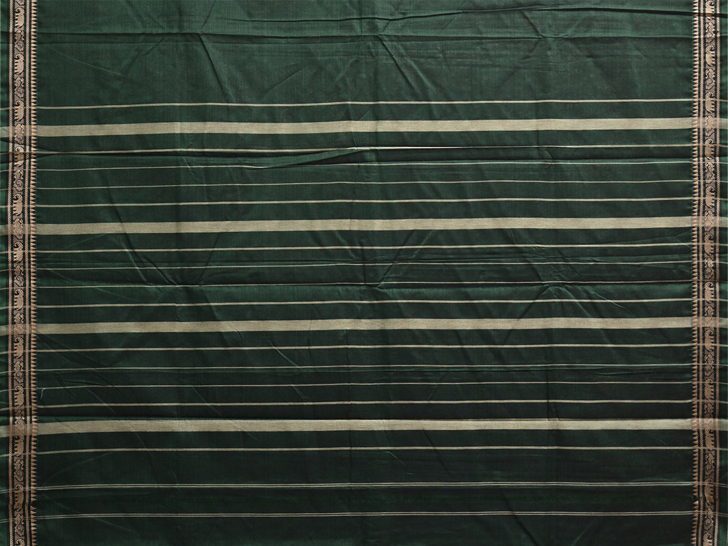 Dark Green Narayanpet Cotton Plain Saree with Strips Pallu and Small Elephant Border Design No Blouse np1152