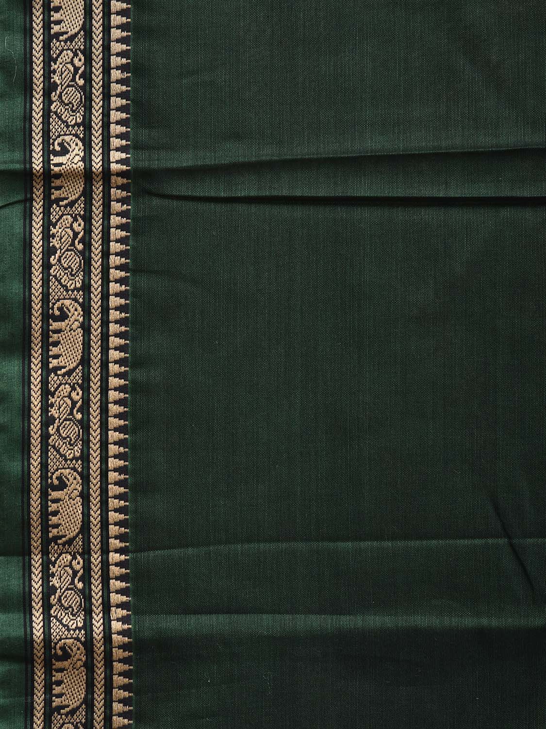 Dark Green Narayanpet Cotton Plain Saree with Strips Pallu and Small Elephant Border Design No Blouse np1152
