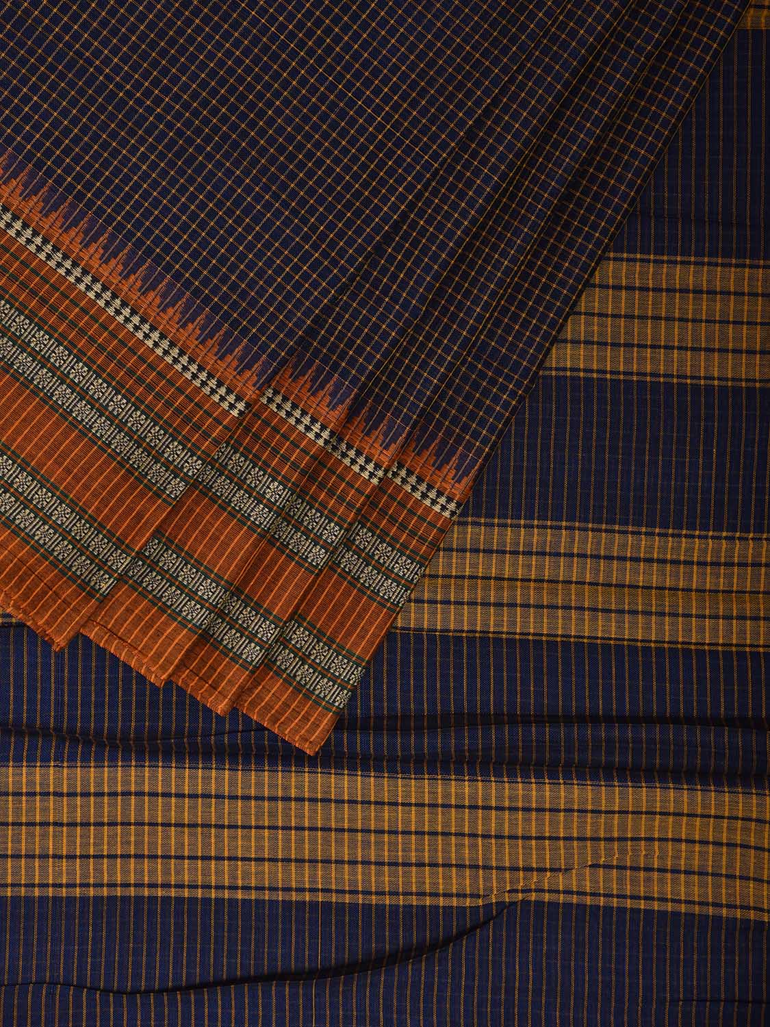 Dark Blue and Yellow Narayanpet Cotton Saree with Checks and Strips Pallu Design No Blouse np1153
