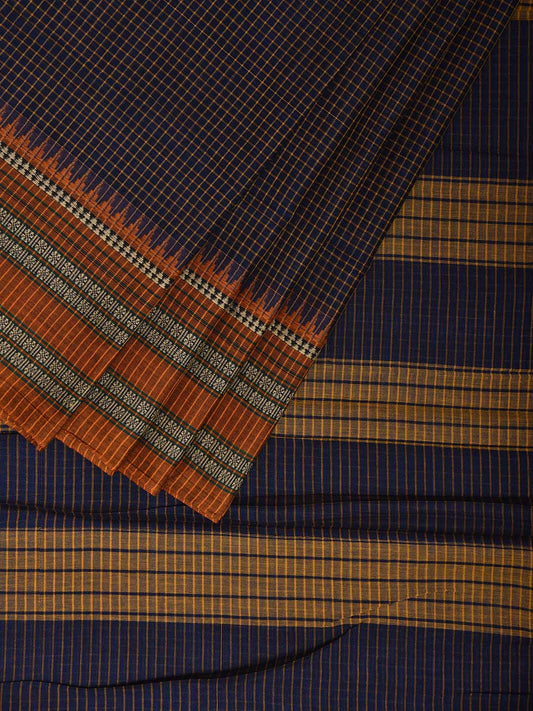 Dark Blue and Yellow Narayanpet Cotton Saree with Checks and Strips Pallu Design No Blouse np1153