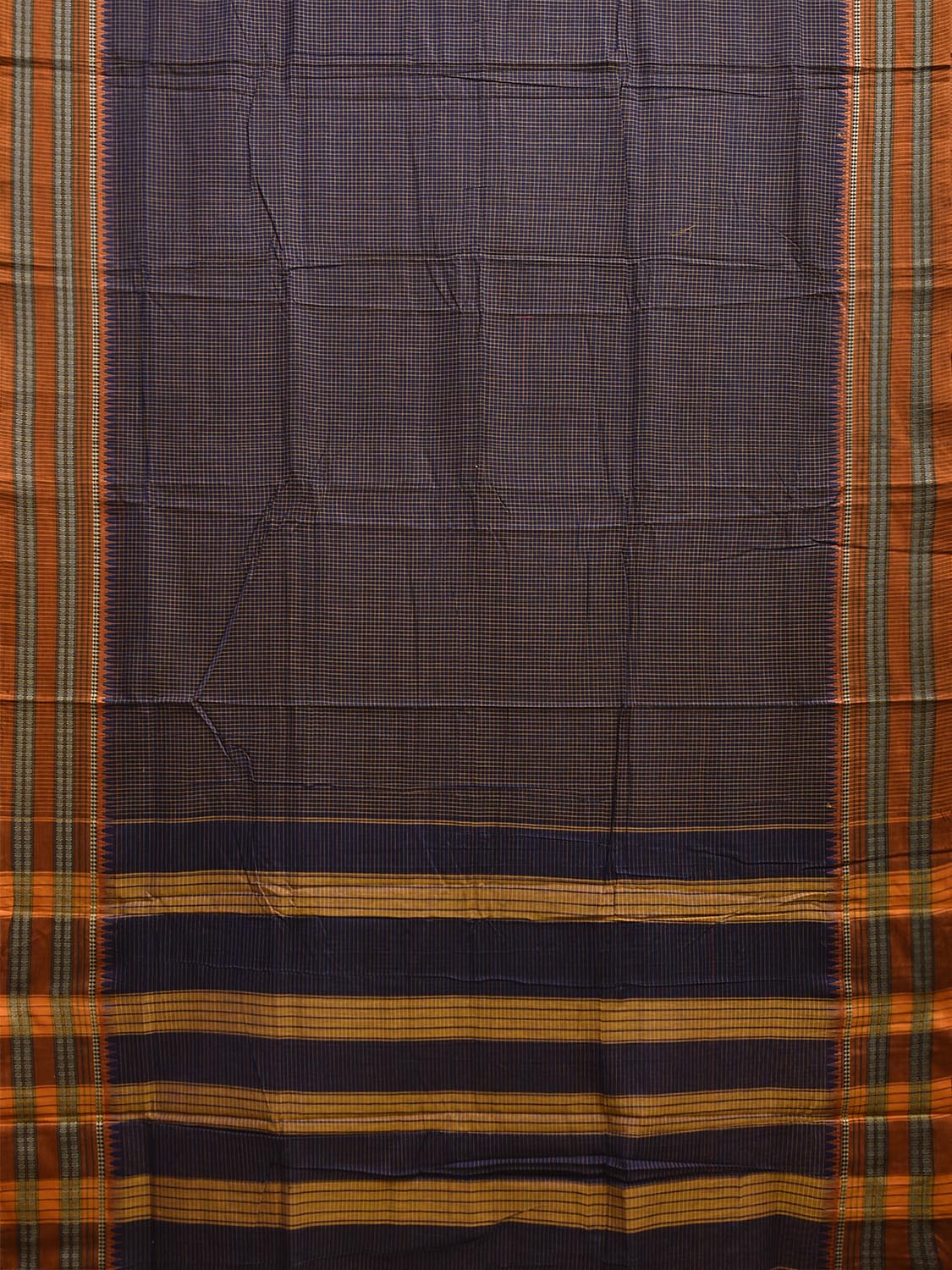 Dark Blue and Yellow Narayanpet Cotton Saree with Checks and Strips Pallu Design No Blouse np1153