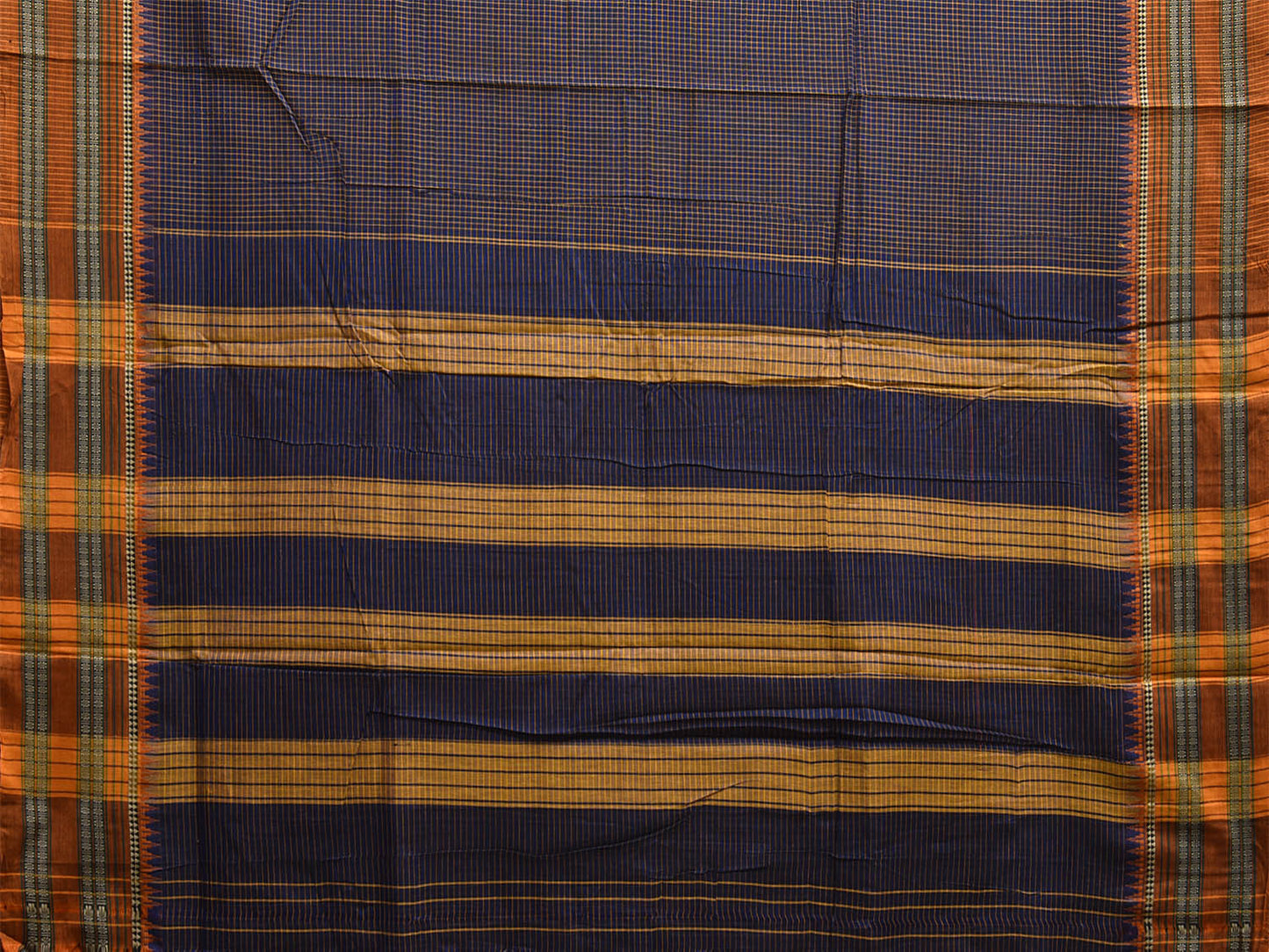 Dark Blue and Yellow Narayanpet Cotton Saree with Checks and Strips Pallu Design No Blouse np1153