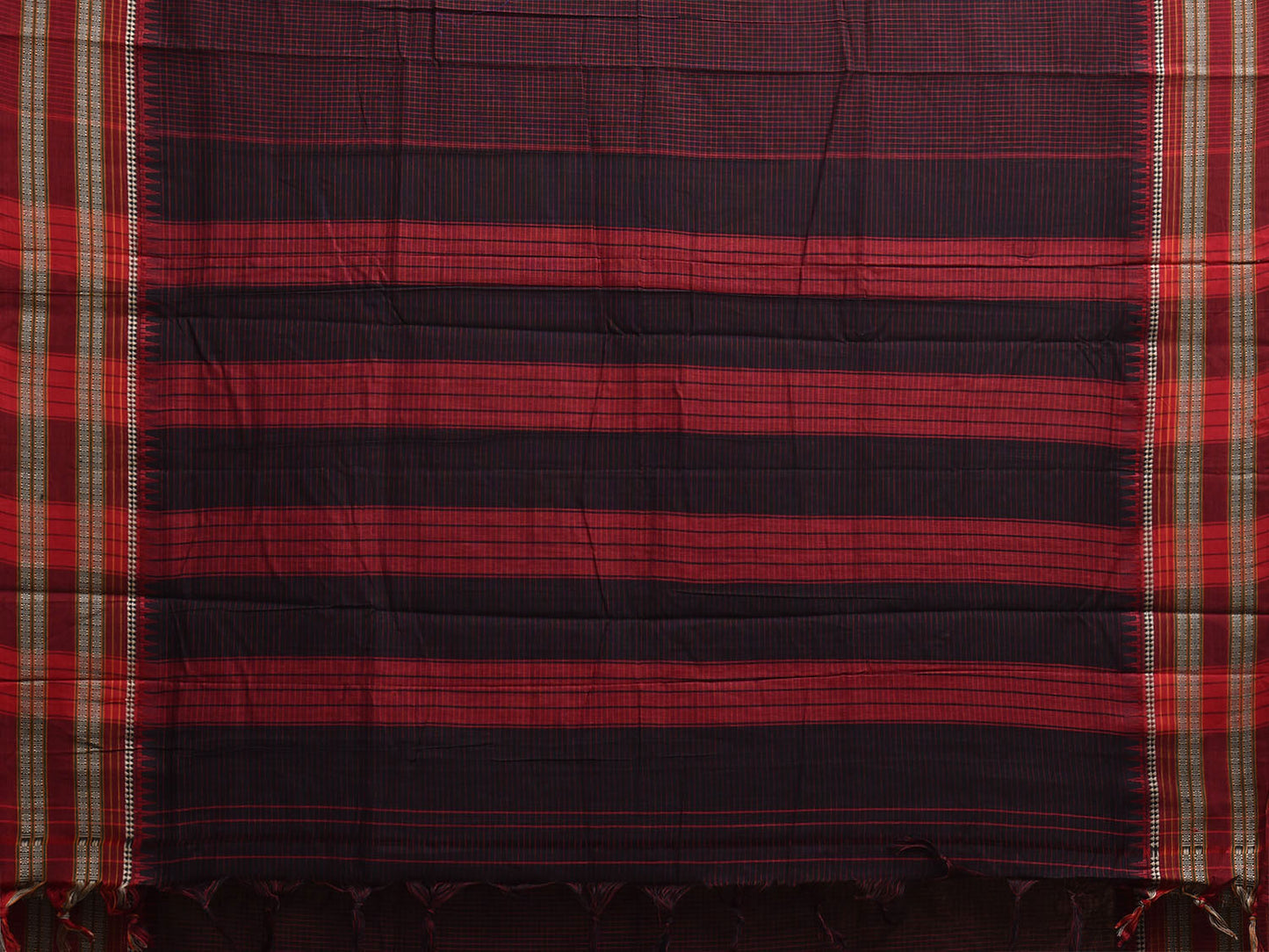 Navy and Red Narayanpet Cotton Saree with Checks and Strips Pallu Design No Blouse np1154
