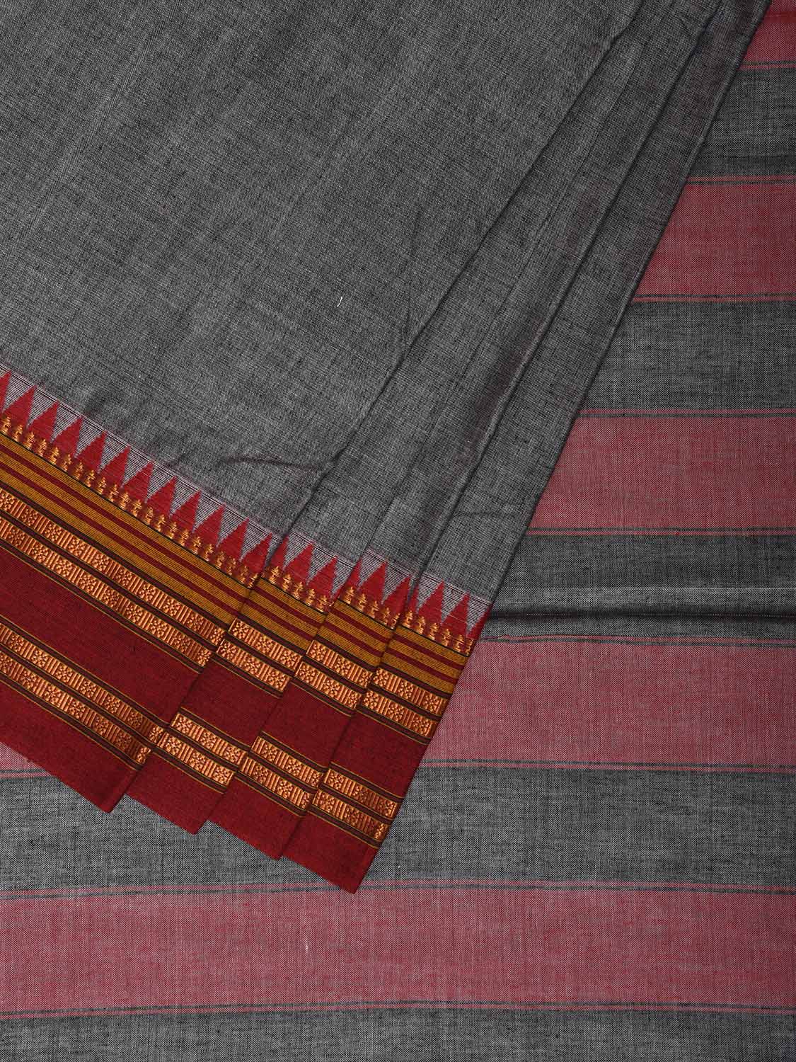 Grey and Red Narayanpet Cotton Plain Saree with Strips Pallu Design No Blouse np1155