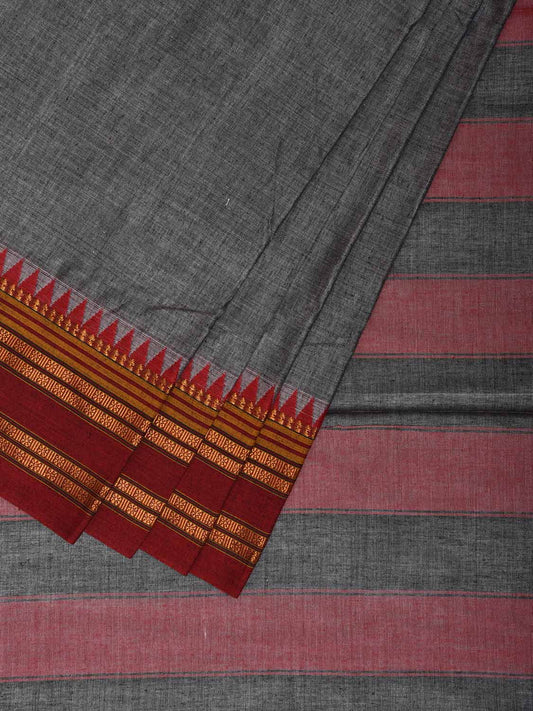 Grey and Red Narayanpet Cotton Plain Saree with Strips Pallu Design No Blouse np1155