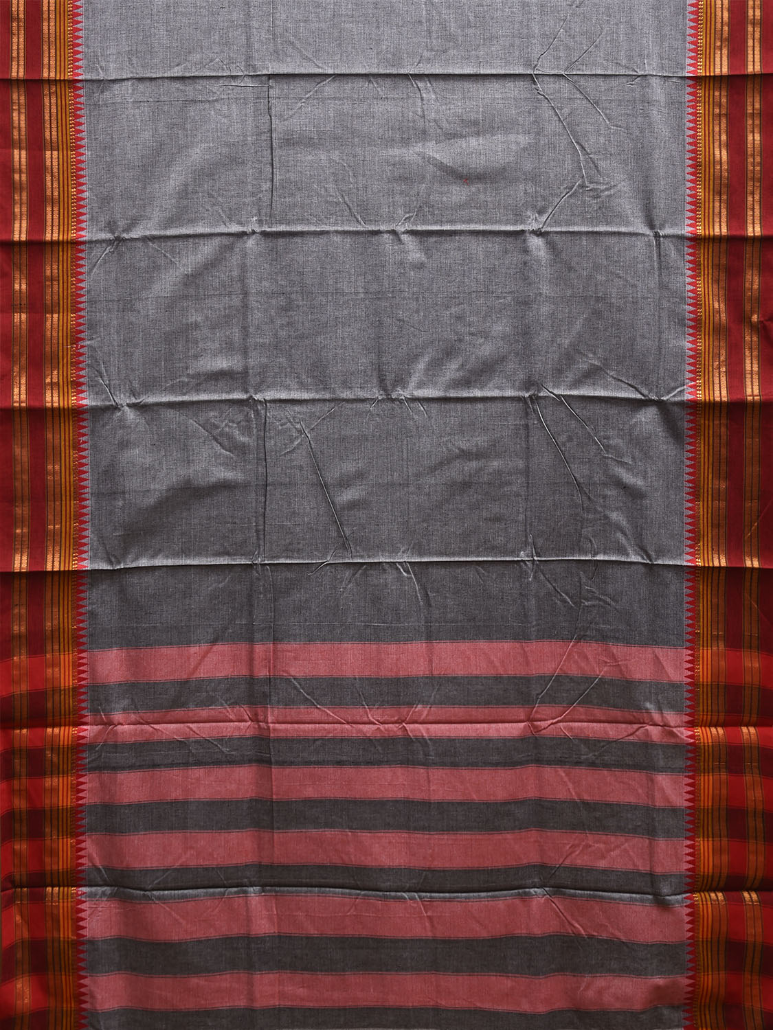Grey and Red Narayanpet Cotton Plain Saree with Strips Pallu Design No Blouse np1155