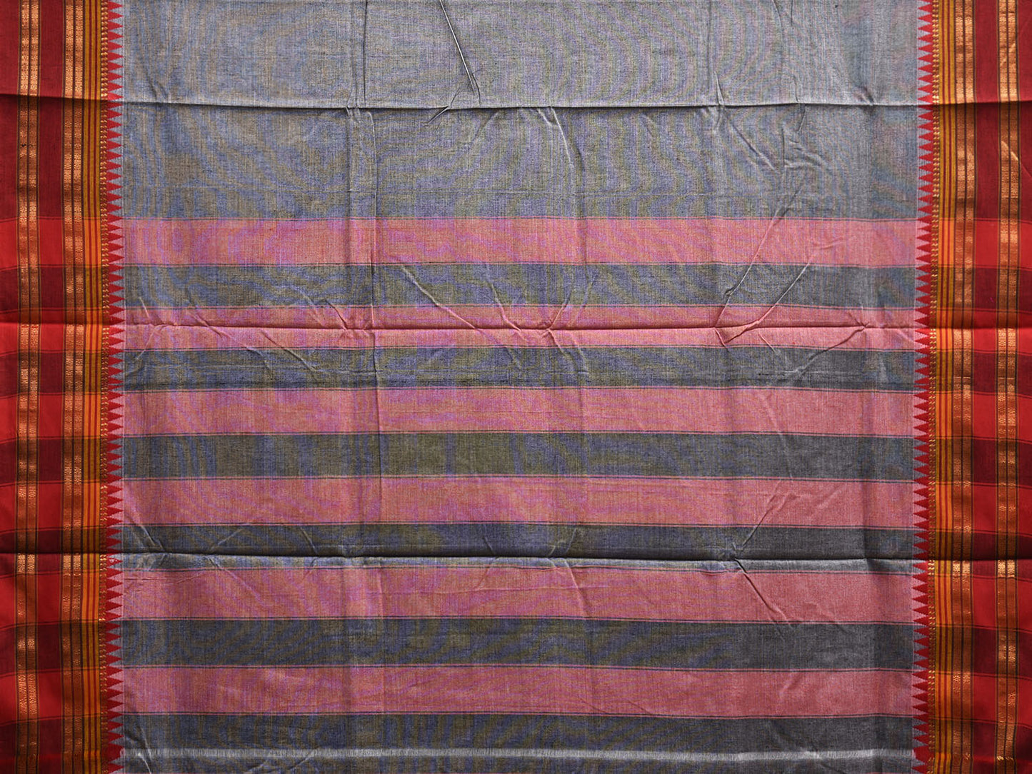 Grey and Red Narayanpet Cotton Plain Saree with Strips Pallu Design No Blouse np1155