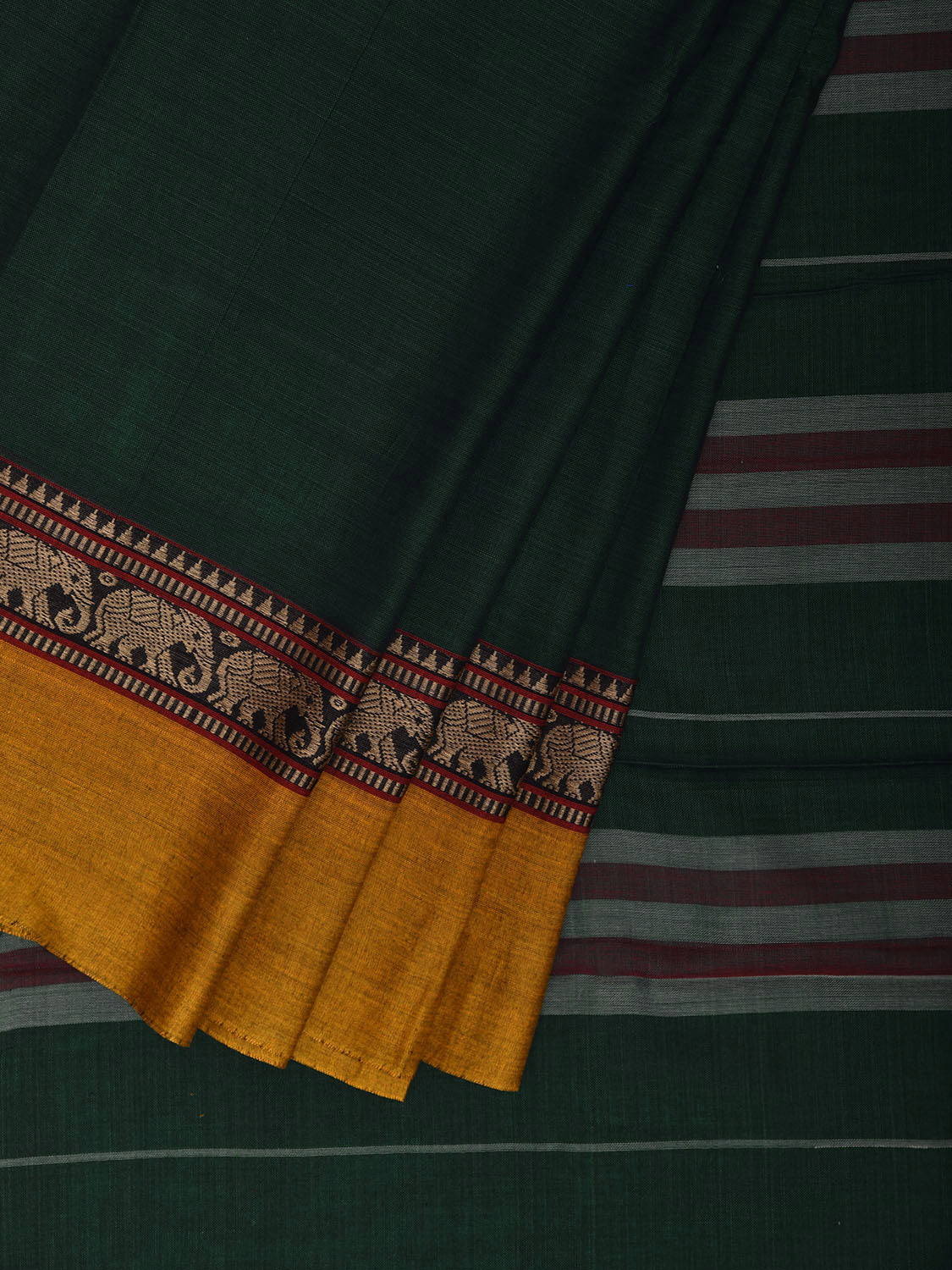 Green and Yellow Narayanpet Cotton Plain Saree with Strips Pallu and Border Design No Blouse np1156