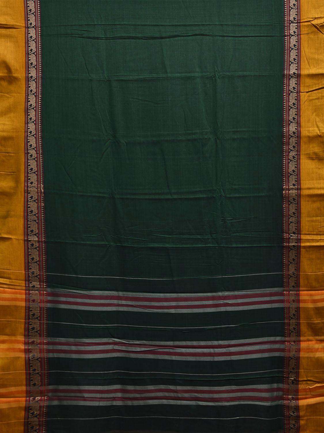 Green and Yellow Narayanpet Cotton Plain Saree with Strips Pallu and Border Design No Blouse np1156