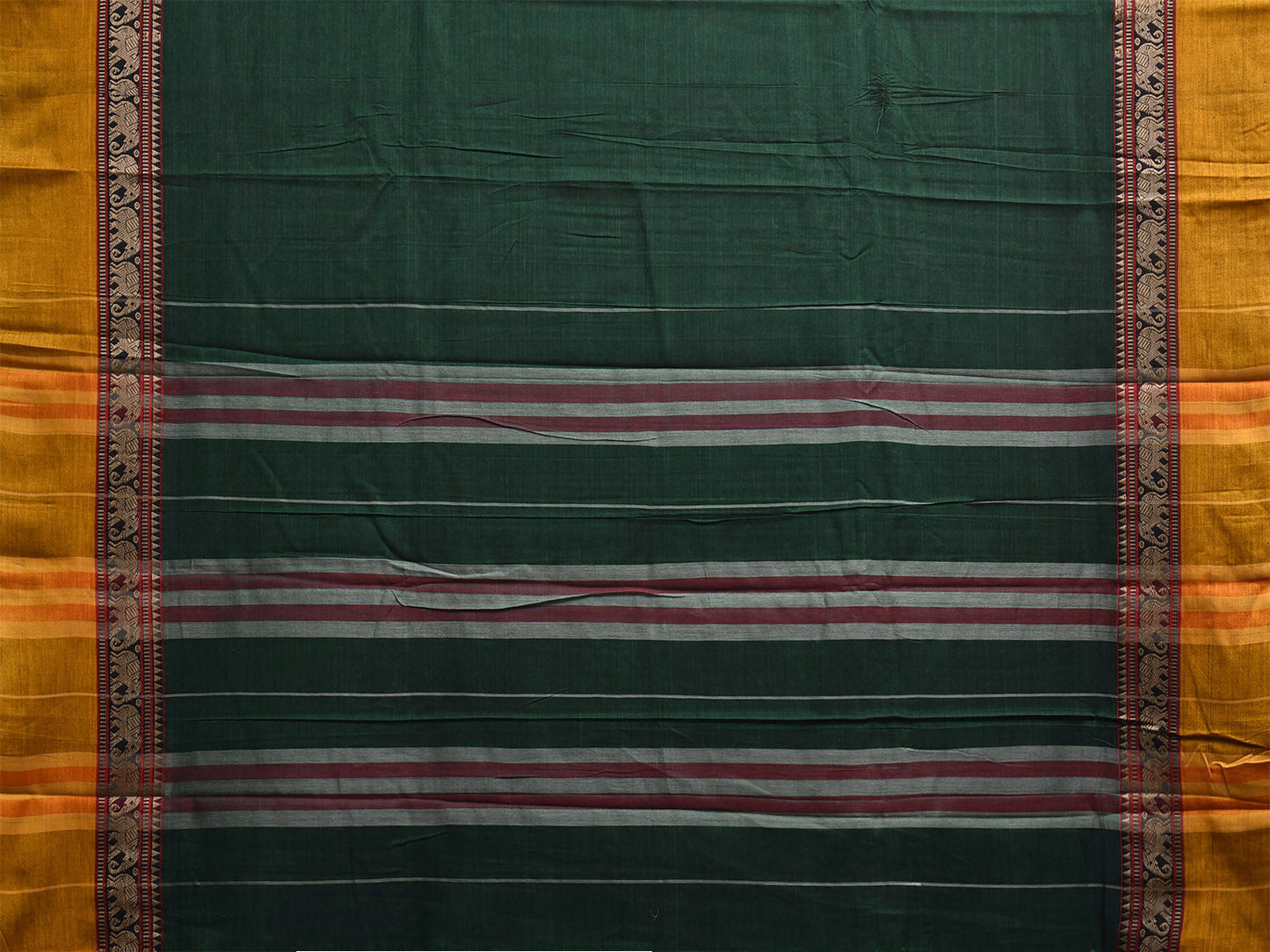 Green and Yellow Narayanpet Cotton Plain Saree with Strips Pallu and Border Design No Blouse np1156