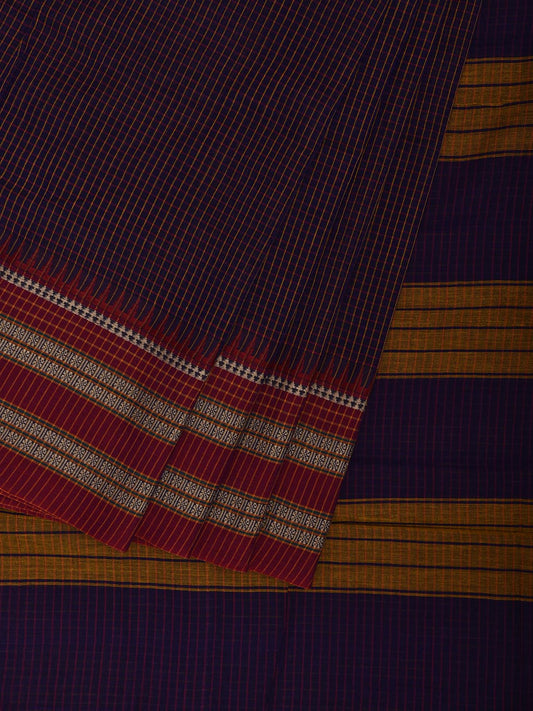 Dark Blue and Red Narayanpet Cotton Saree with Checks Design No Blouse np1157