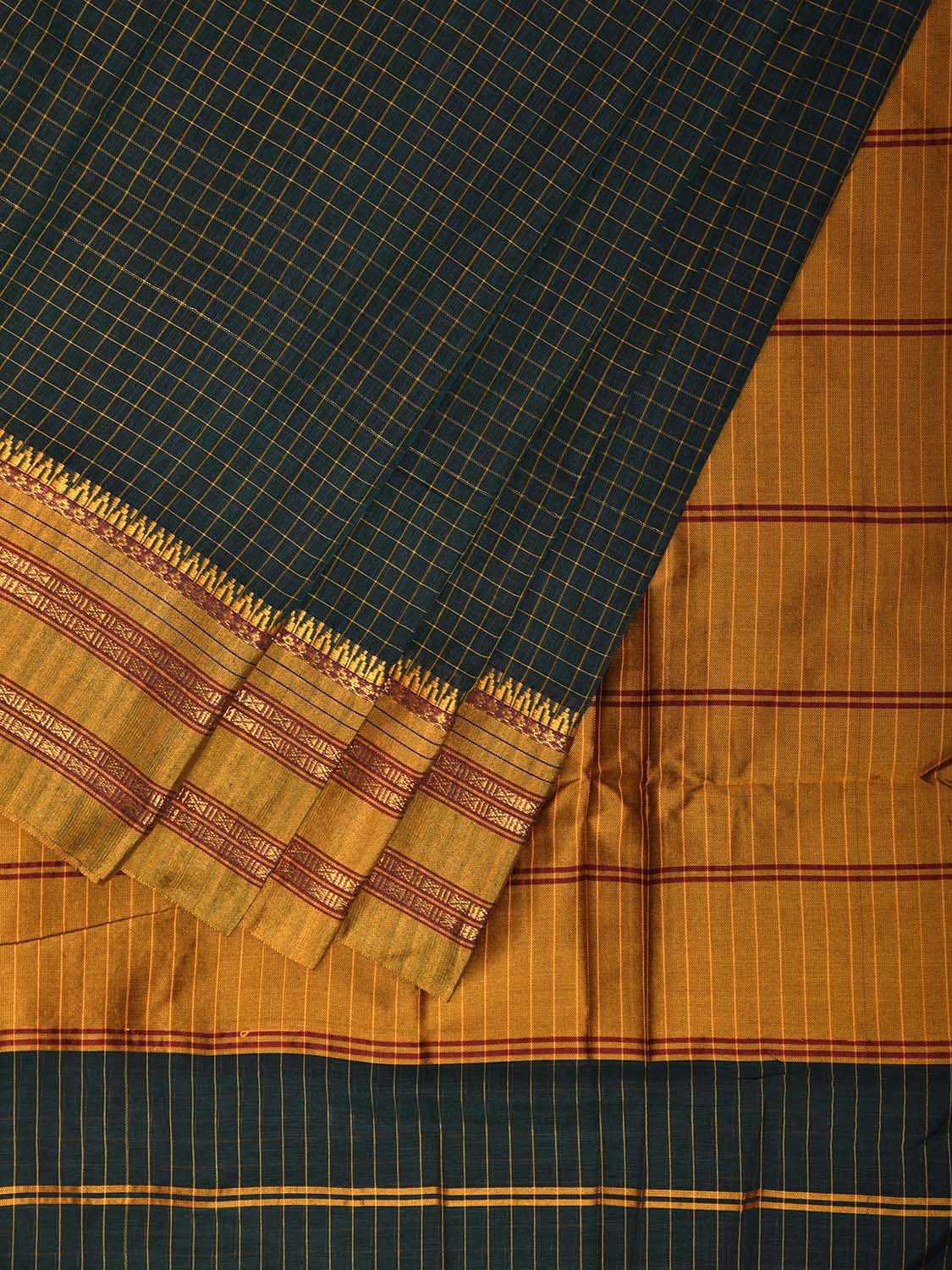 Dark Green and Yellow Narayanpet Cotton Viscose Saree with Checks Design No Blouse np1159