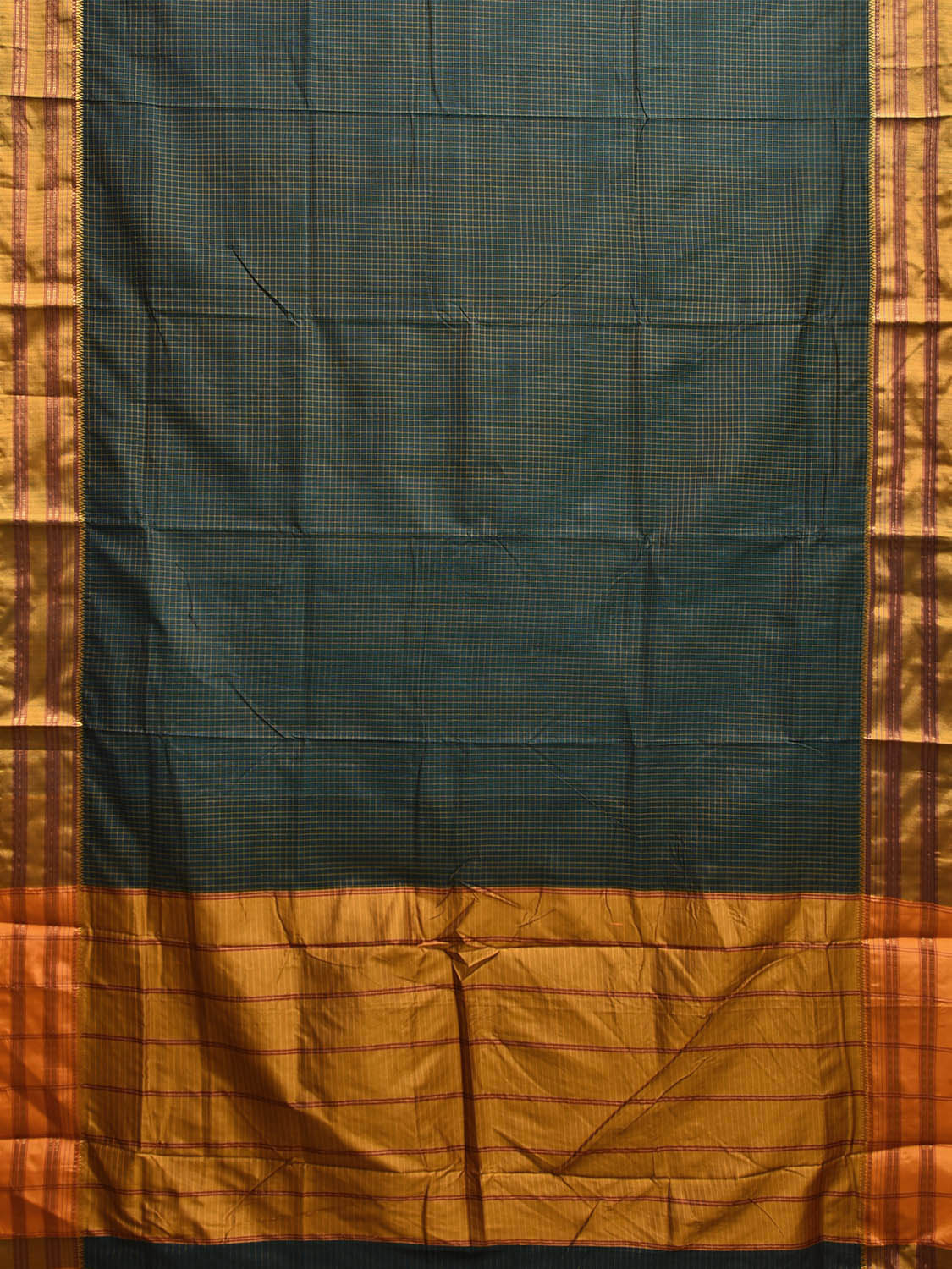 Dark Green and Yellow Narayanpet Cotton Viscose Saree with Checks Design No Blouse np1159