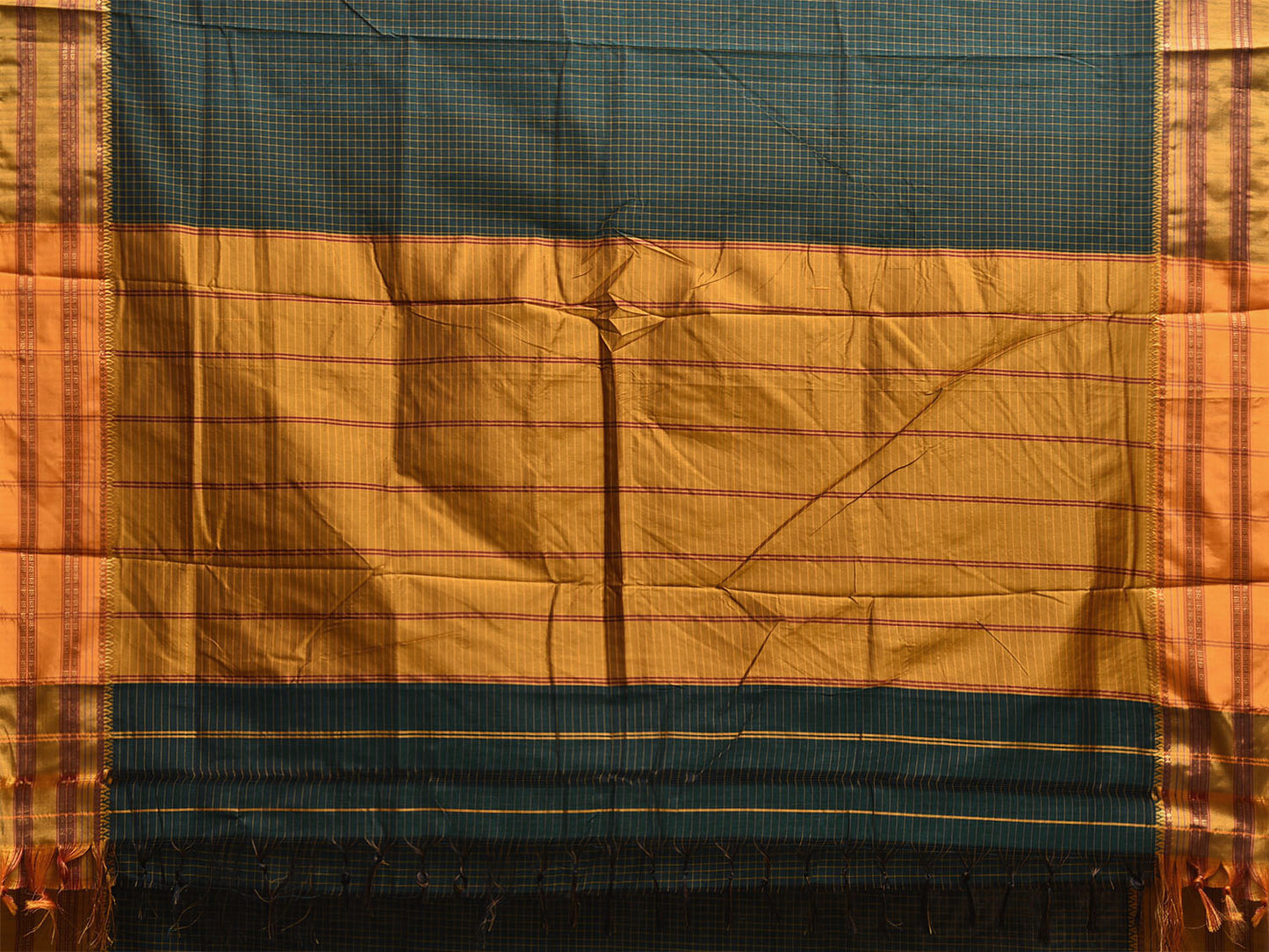 Dark Green and Yellow Narayanpet Cotton Viscose Saree with Checks Design No Blouse np1159