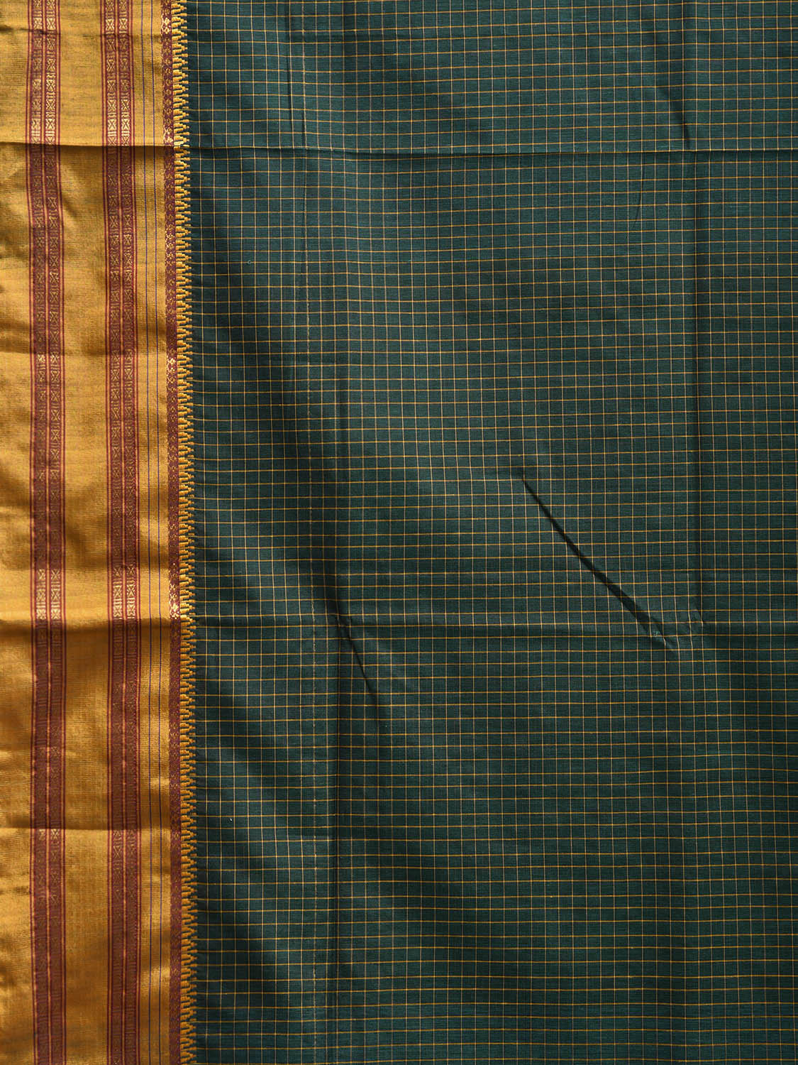 Dark Green and Yellow Narayanpet Cotton Viscose Saree with Checks Design No Blouse np1159